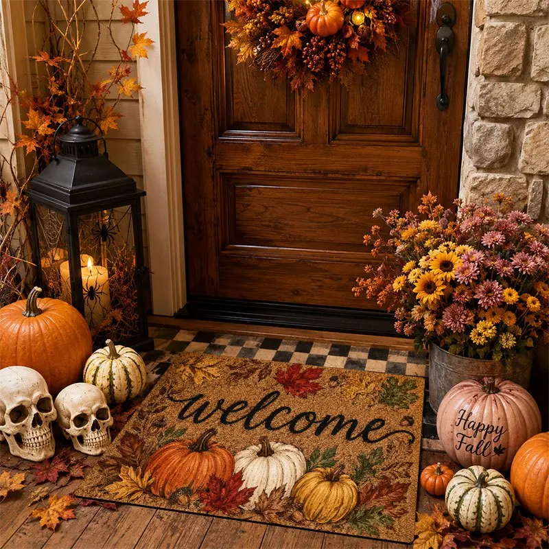 Fall Welcome Door Mat Autumn Pumpkin Leaves Doormat Non Slip Entry Rug for Porch Patio Halloween Thanksgiving Home Decoration