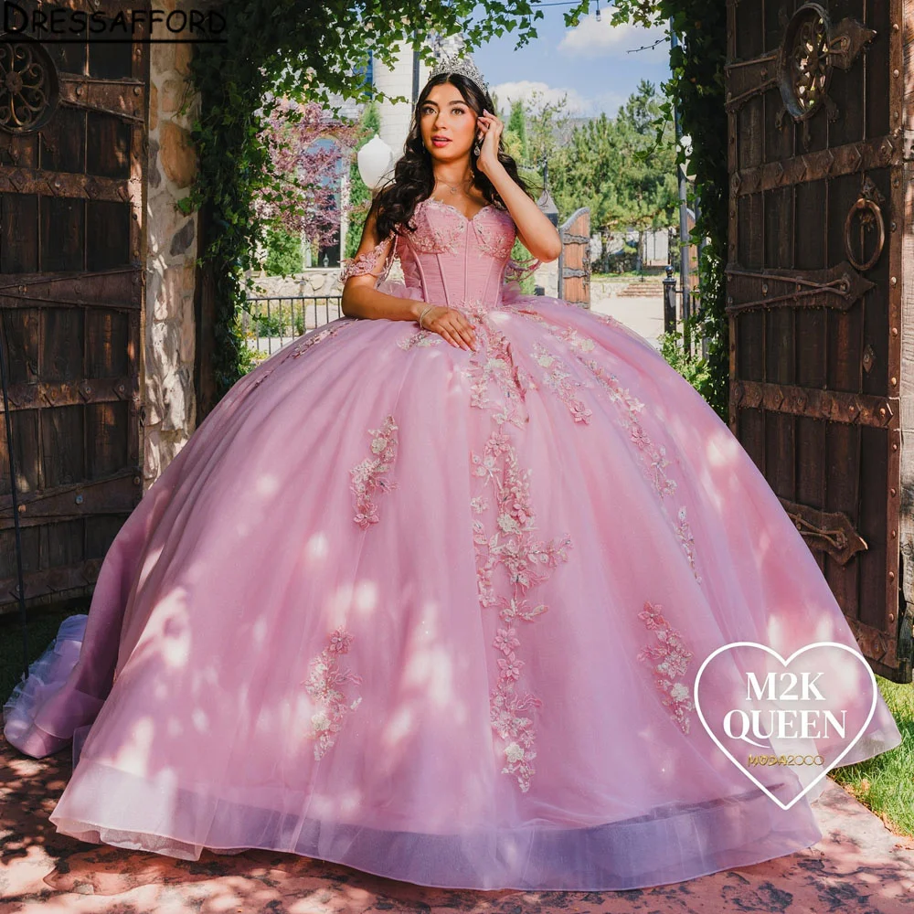 Pink Princess Ball Gown Quinceanera Dresses 2024 Beaded Appliques Lace 3D Folwer Sweet 16 Dress Vestido De 15 Años