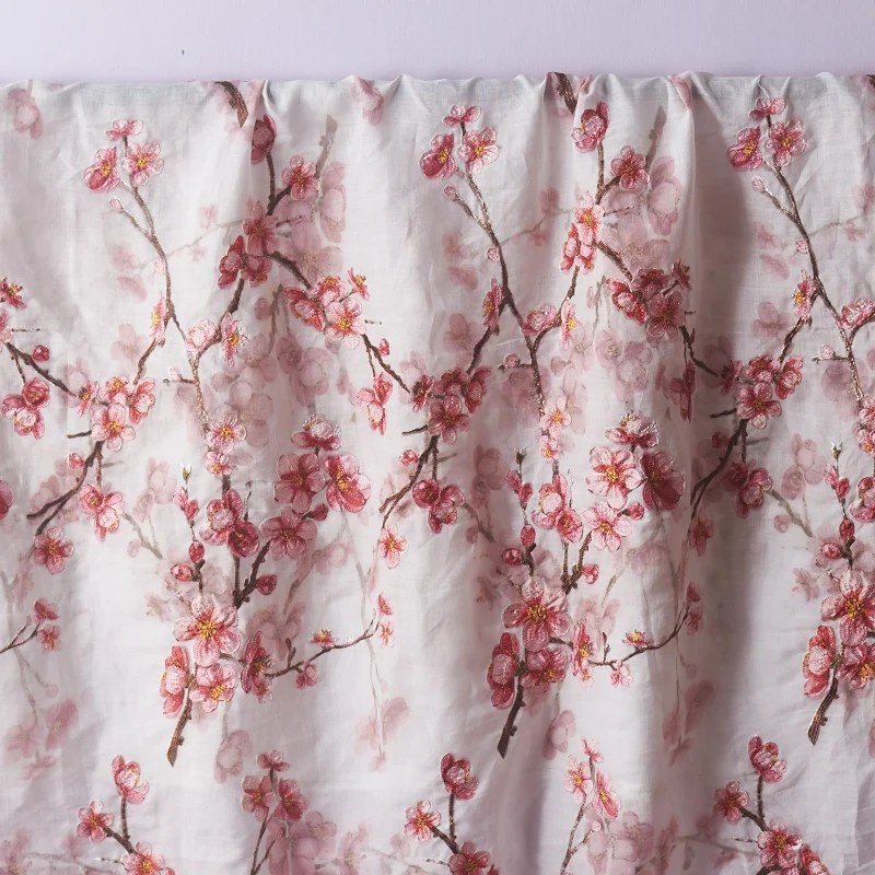 

1 ярд, высококачественная ткань рами, розовая сливовая ткань с вышивкой, ткань для одежды из материала