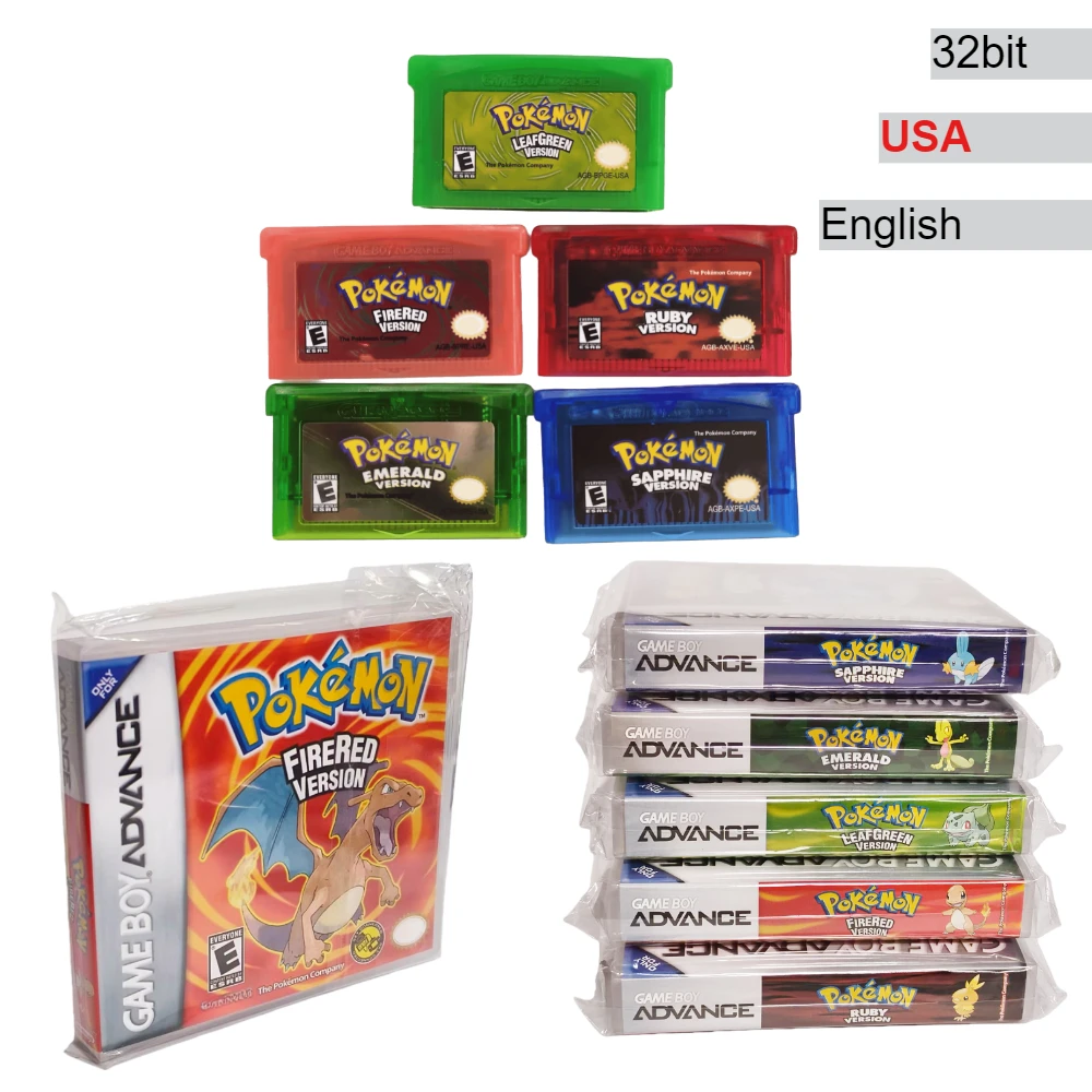 

Good Quality USA Pokemon Series Emerald FireRed Leafgreen Ruby Sapphire Version GBA Game in Box for 32 Bit Video Game Cartridge