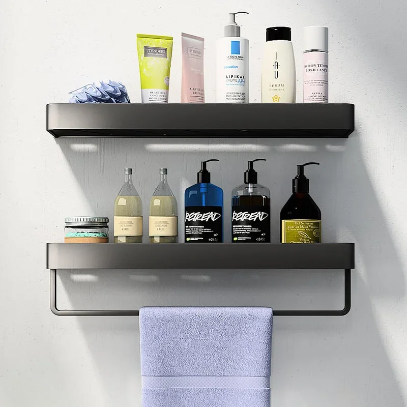 Black Aluminum Wall-mounted Bathroom Corner Shelf, Shower Storage Holder for Bath and Kitchen Organization