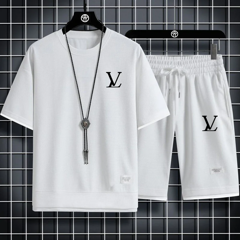 Novedad de verano, traje de manga corta para hombre, traje deportivo informal a la moda para hombre, camiseta deportiva de manga corta de calidad + traje corto