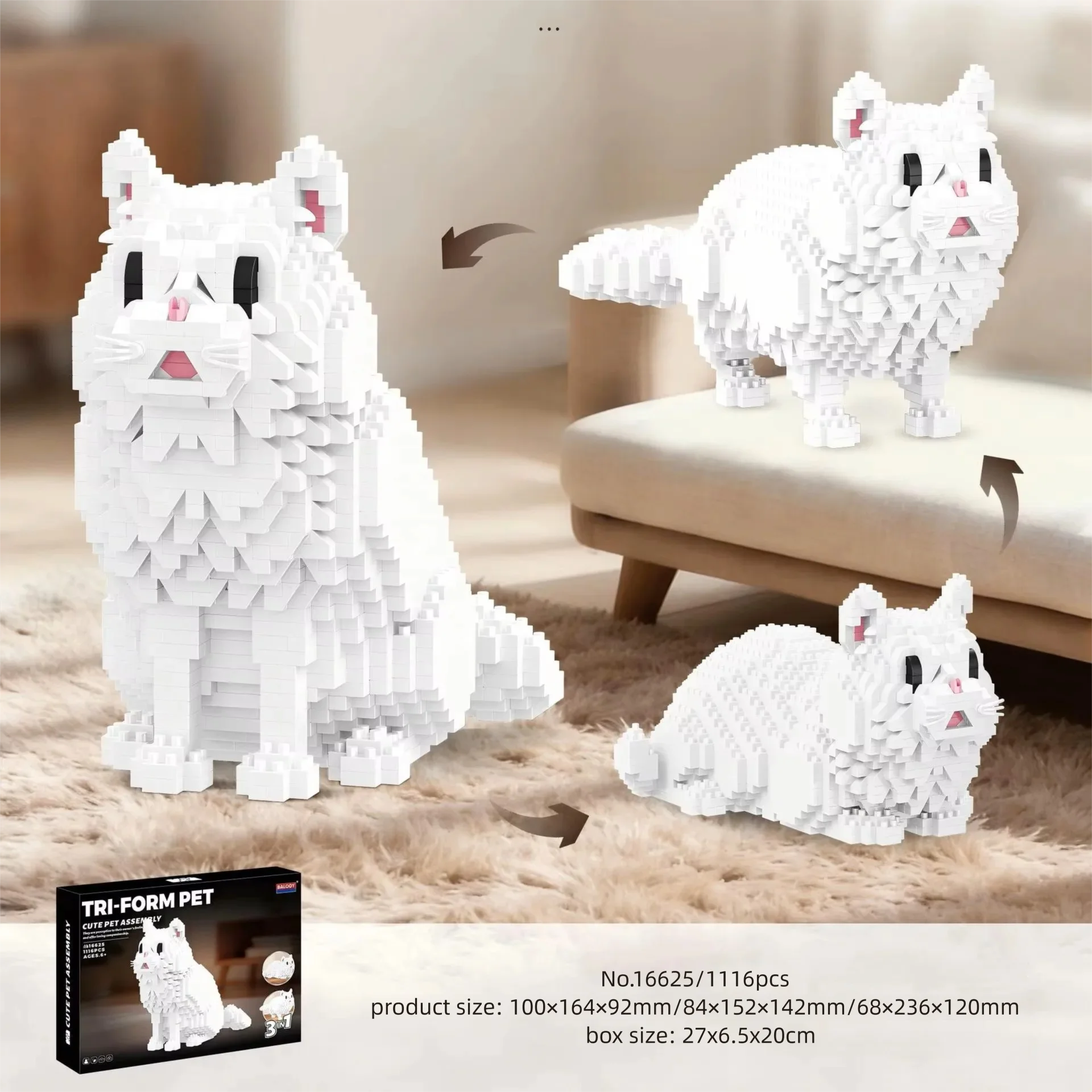 3 in 1 Cat Micro Building Blocks Set Balody Cartoon Animal Figure Model Educational DIY Toy Collectible Gift