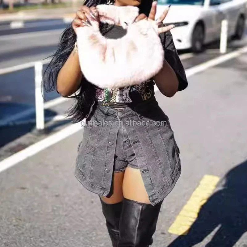 

Fashion Summer Trendy Unique Streetwear Sexy Washed Jean Button Shorts Skirt Ladies Irregular Denim Shorts for Women