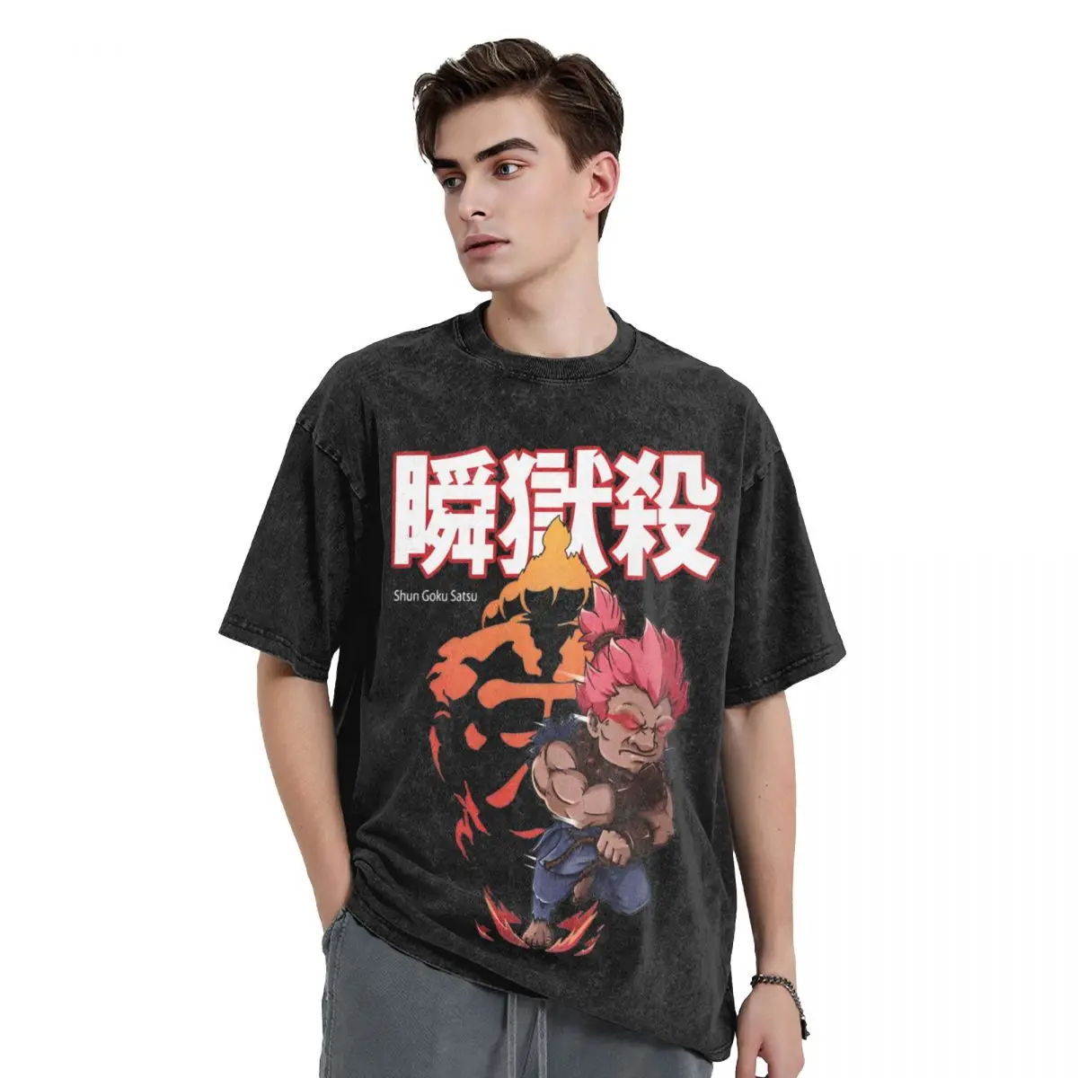 Akuma Street Fighters T Shirts Washed Short Sleeve Harajuku T-Shirts Vintage Men Women Tops Streetwear Graphic Printed Tees