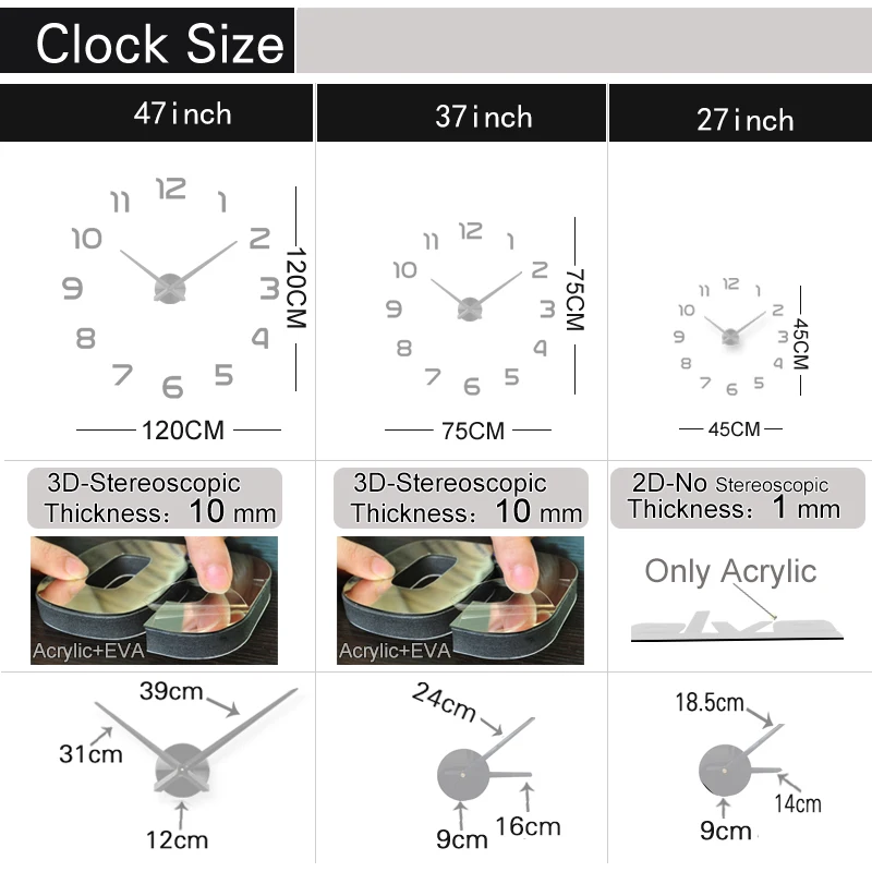 Modische 3D Großformatige Wanduhr Spiegelaufkleber DIY Schlichte Wohnzimmerdekoration Besprechungsraum Wanduhr – Detail 1