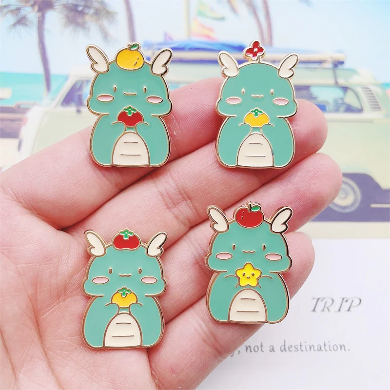 Creative Animal Fruit Enamel Pins Green Dragon Apple Persimmon Alloy Brooch Badge Fashion Women's Jewelry Gift For Kid