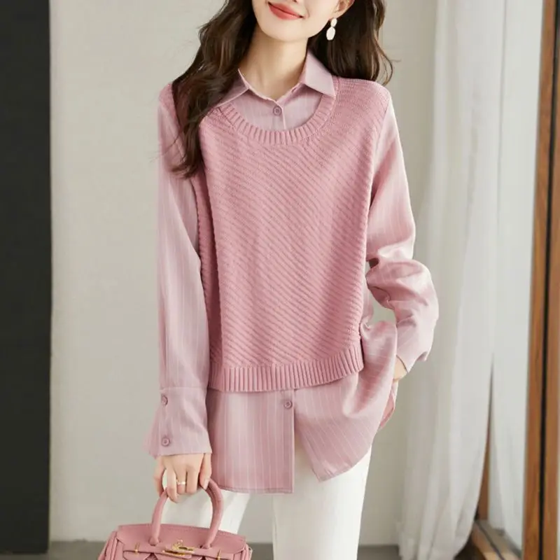 New Fashionable Loose Splicing Shirt for Women 2024 Spring Edition, Elegant and Gentle Style, Pink Fake Two Piece Knitted Shirt