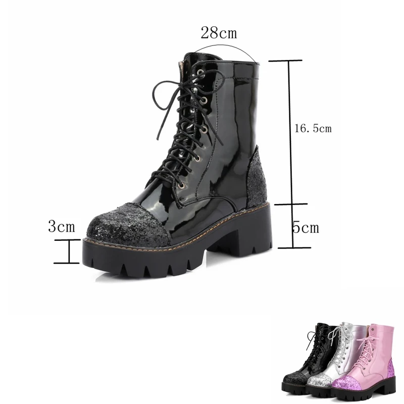 SIMLOVEYO Big size Dr Women Ankle Boots Thick Med Heels Lace Up Leather Platform Short Booties Botas Feminips 43. Pink A864