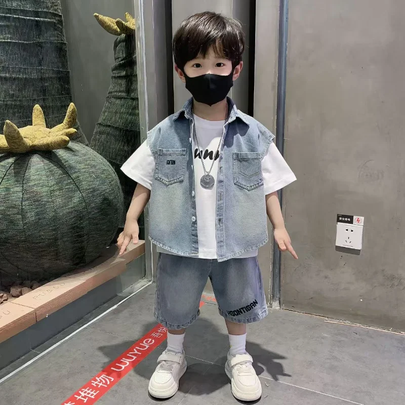 90-150 Boys' Summer Set 2025 New Children's Summer Short sleeved Cowboy Shirt 3-Piece Set Fashionable Children's Clothing Trend