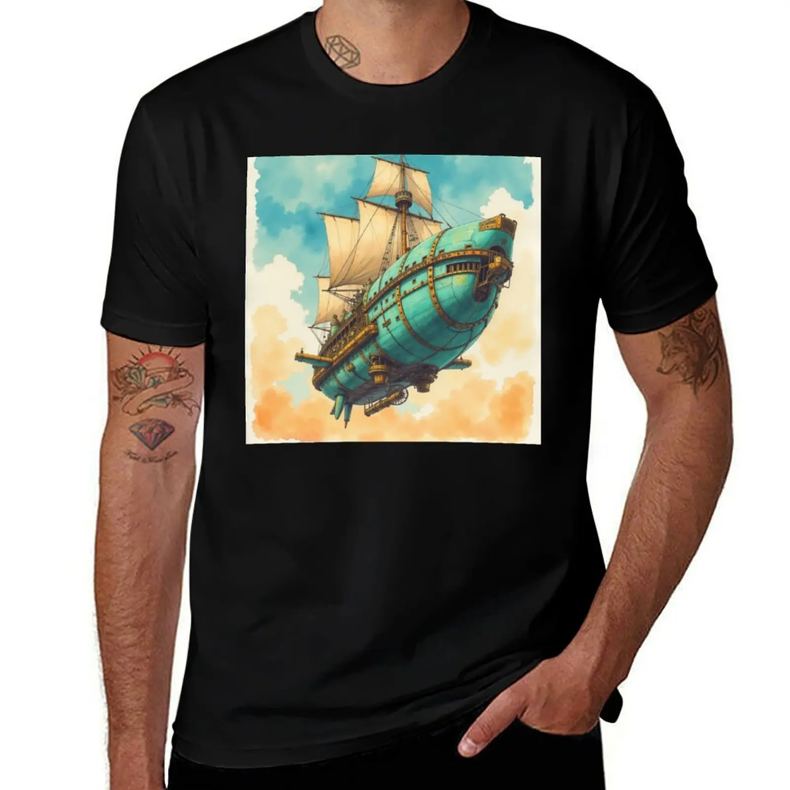 

A Painting of a Large Steampunk Airship Flying in the Sky T-Shirt oversized heavyweights funny costumes Men's t-shirt