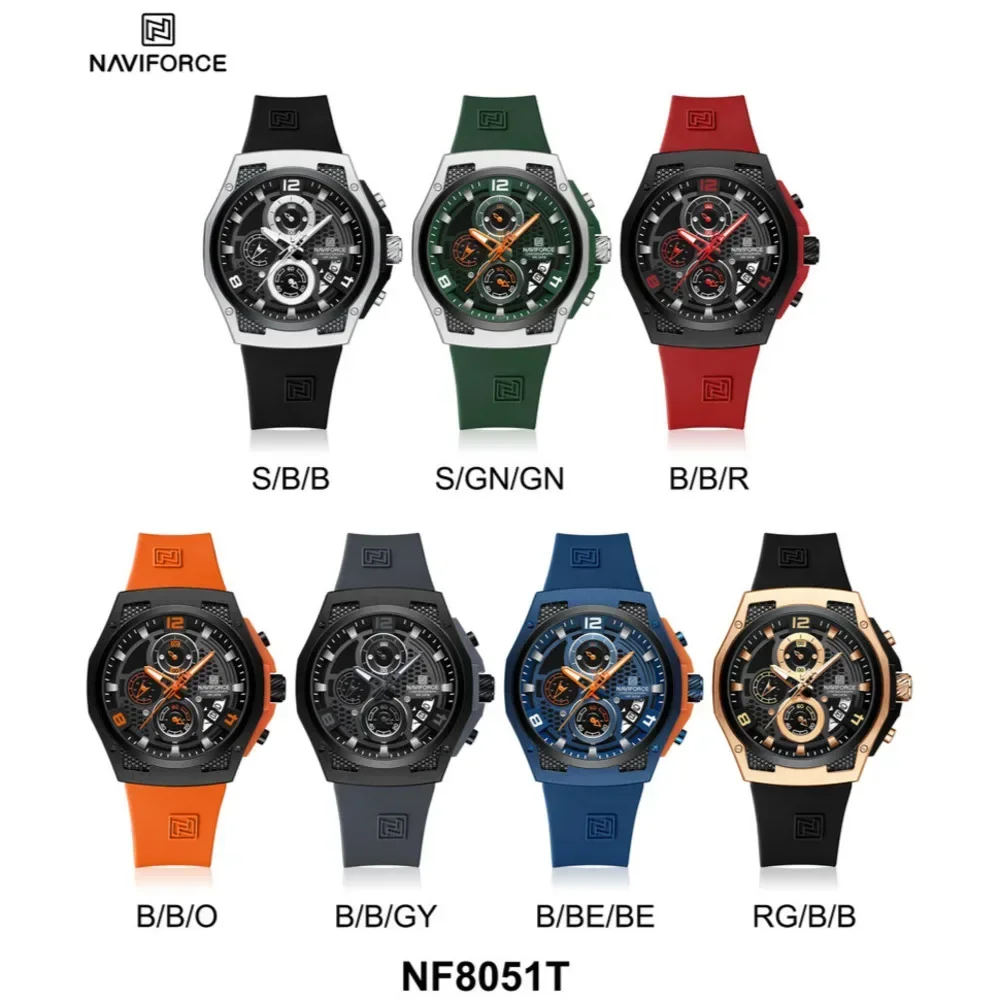 NAVIFORCE NF8051T nuovi orologi al quarzo da uomo in Silicone impermeabile data tre aghi Night Glow orologio al quarzo sportivo