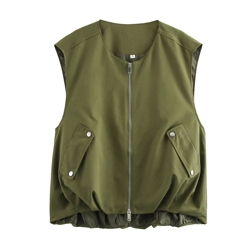 

YENKYE Fashionable And Versatile Solid Vest For Women O Neck Sleeveless Front Zipper Casual Loose Coat Autumn Outerwear