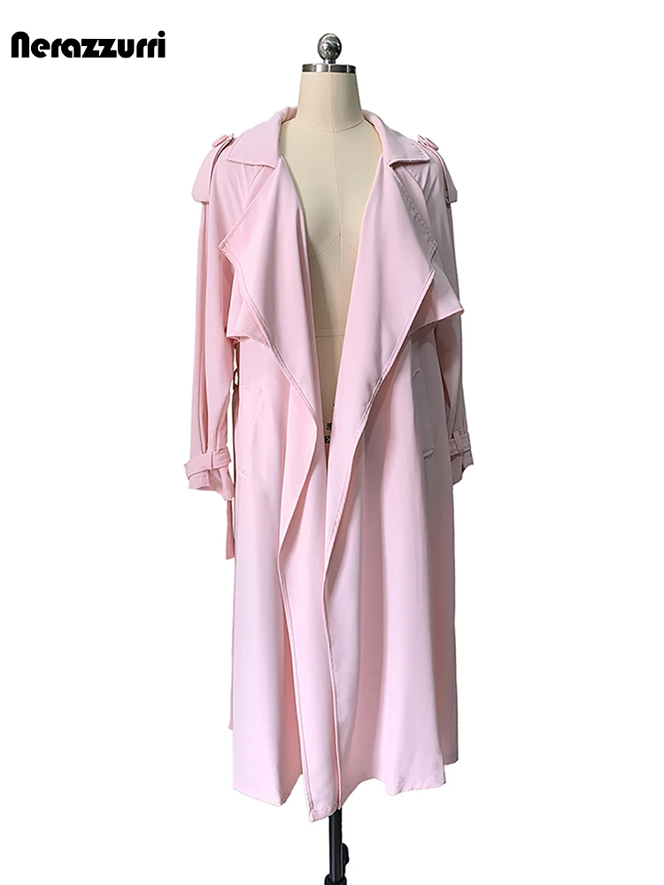 Nerazzurri Spring Summer Long Bright Pink Soft Flowy Thin Trench Coat for Women Sashes Chic Luxury Designer Clothes Cardigan