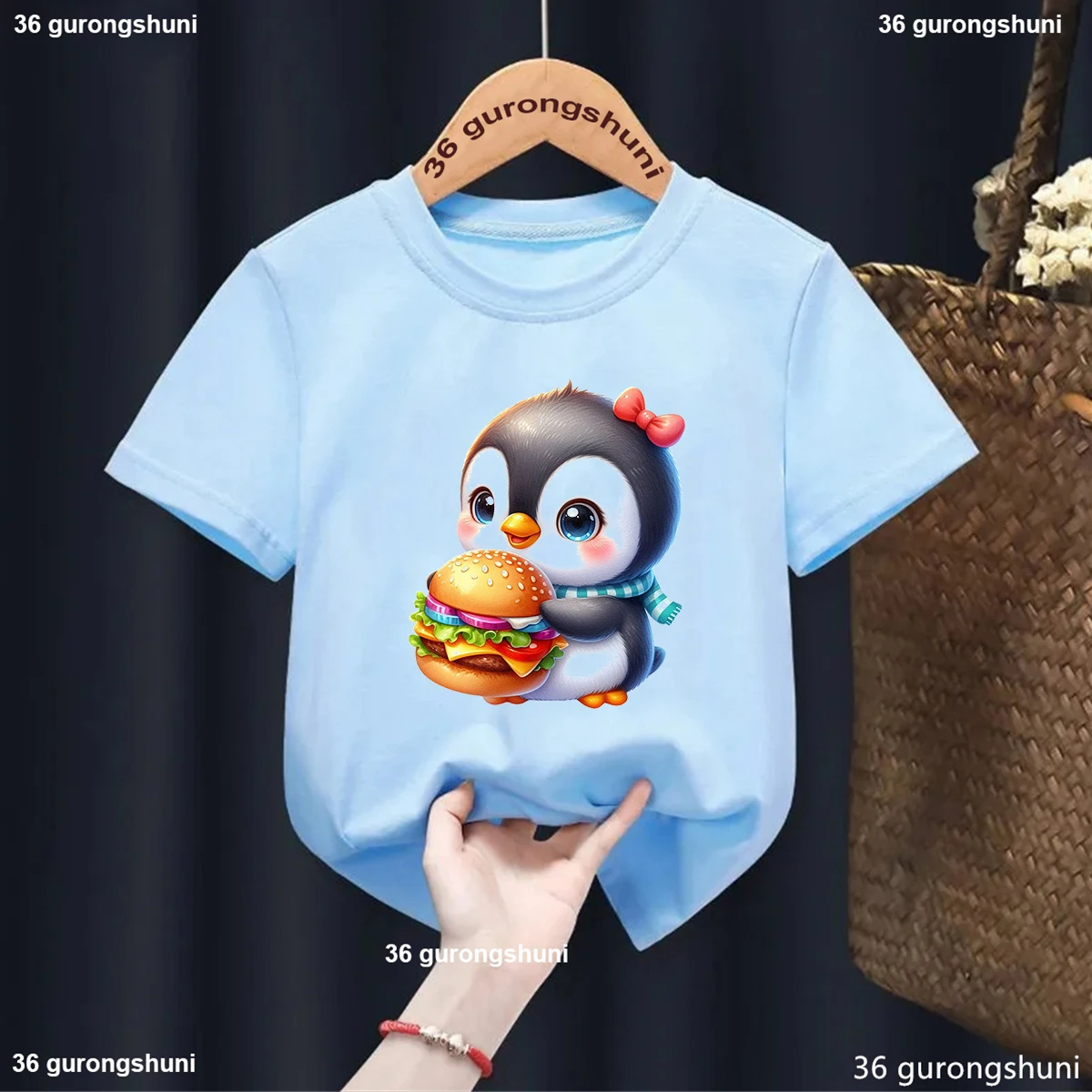 New Childern Tshirt Funny Penguin Pattern Print Tshirt Fashion Harajuku 00s Girl Tshirt Summer Blue Short Sleeves Clothes