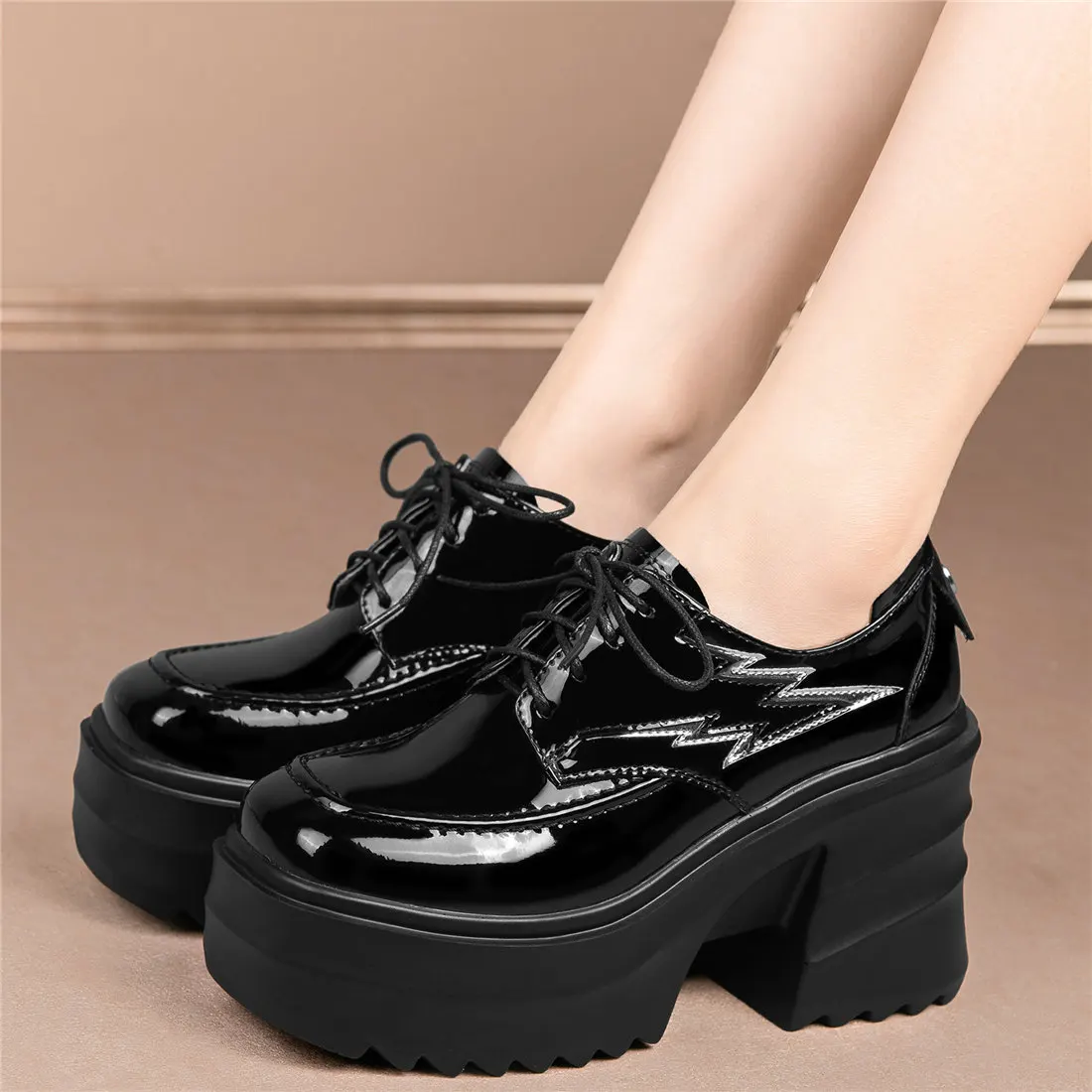 2022 Casual Shoes Women Genuine Leather Chunky High Heels Pumps Female Round Toe High Platform Ankle Boots Lace Up Punk Creepers