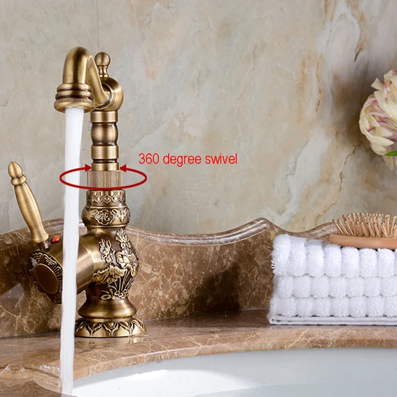 Antique Brass Bathroom Faucet Basin Faucets Carving Tap Rotate Single Handle Crane Hot and Cold Water Mixer Taps