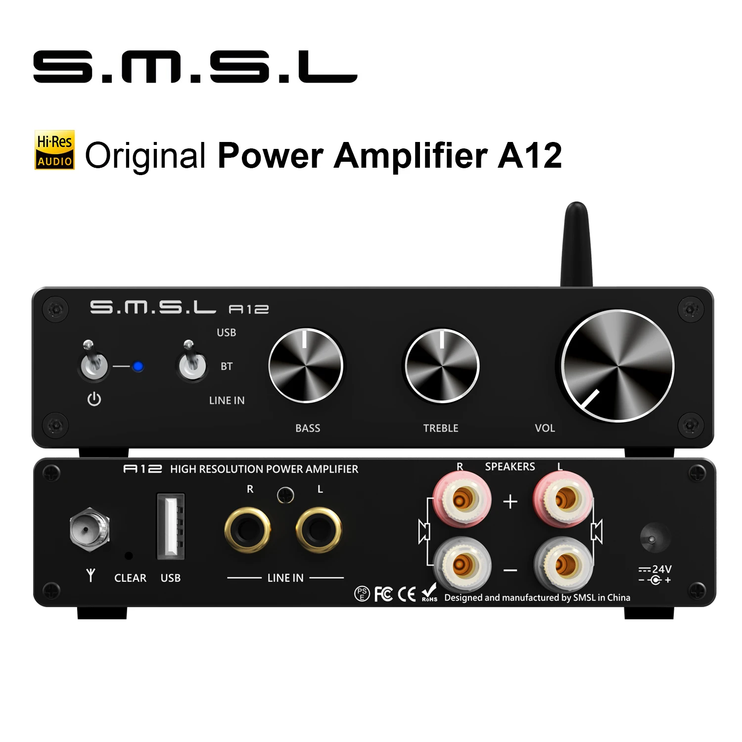 

SMSL A12 Audio Digtal Hifi Sound Power Amplifier With Bluetooth Class D Stereo Amp Treble & Bass For Home Theater Speakers BT5.0