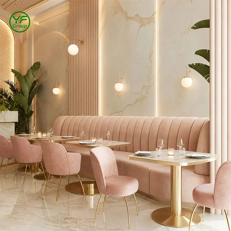 Factory Custom Restaurant Furniture Velvet Fabric Upholstered Booth Seating Bench with Table Chair Set for Bistro Hotel