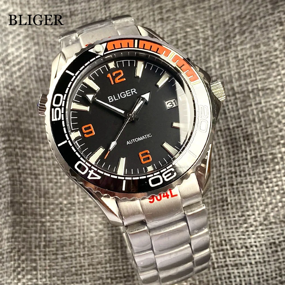 BLIGER 41mm  NH35A Miyota Automatic Watch Men Sapphire Glass Luminous Stainless Steel Strap Blue Black Dial Ceramic Bezel