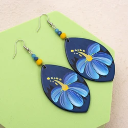 Fashion Blue Horse Eye Shape Relievo Printing Flower Acrylic Dangle Drop Earrings For Women Vintage Style Elegant Girls Jewelry