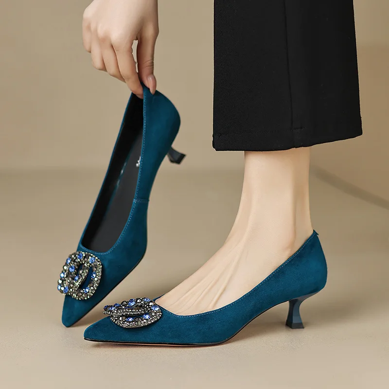 

Pumps Women Pointed Toe Thin Heel Rhinestone Square Buckle Shallow Versatile Office Elegant Work Shoes