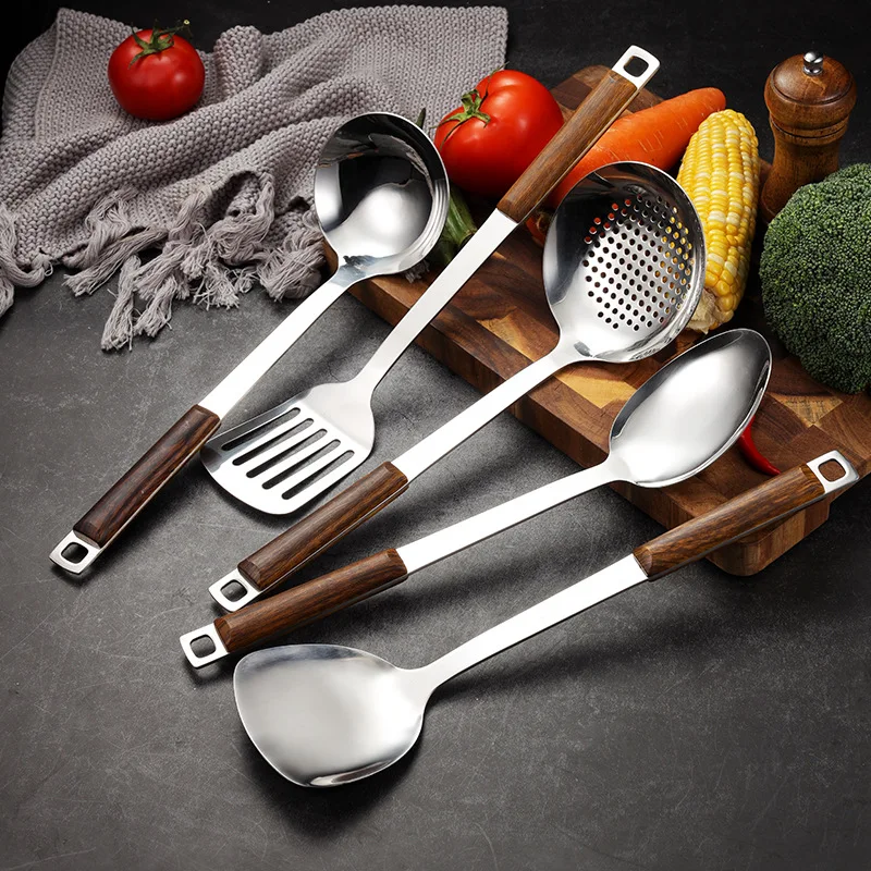 Hanging Wood Clip Handle Cooking Utensils Stainless Steel Spatula Colander Frying Spatula Soup Spoon Kitchen Accessories