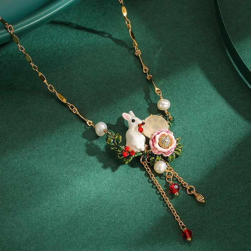 

French Fashion Sweet Glazed Set White Pearl Rose Blossom Gem glitter Rabbit Little Red Fruit Tassel Pendant Collar Necklace