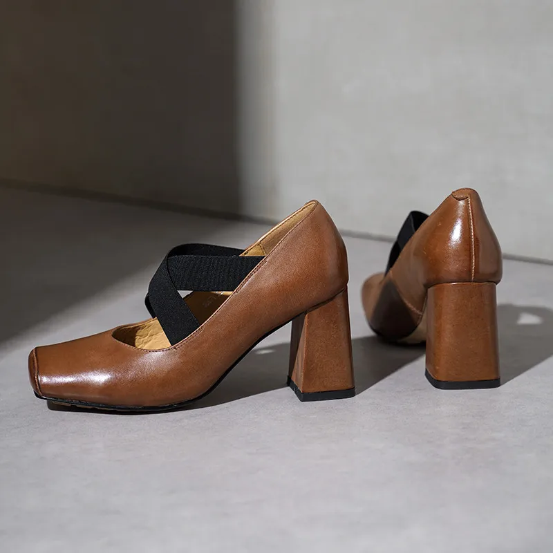 

MKKHOU модные туфли-лодочки, новые высококачественные туфли из натуральной кожи, женская обувь на высоком каблуке с квадратным ремешком и толстым каблуком