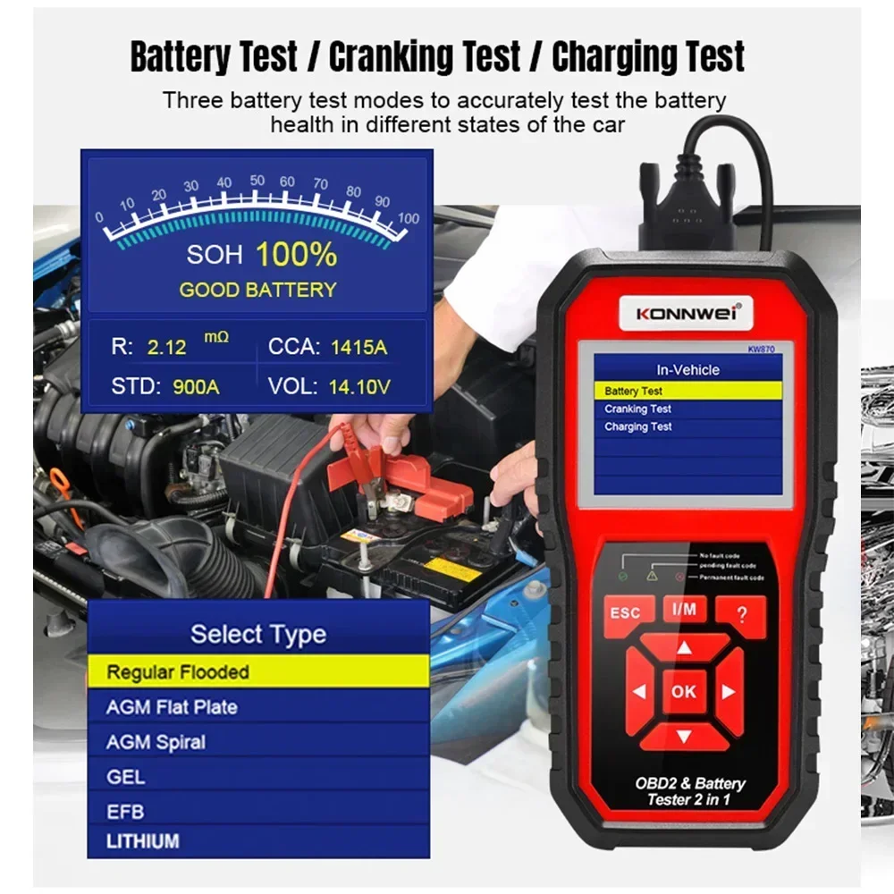 KONNWEI KW870 6V 12V Car Motorcycle Battery Tester OBD2 Diagnostics Tool Scanner 2 in1 Cranking Charging Test Tools