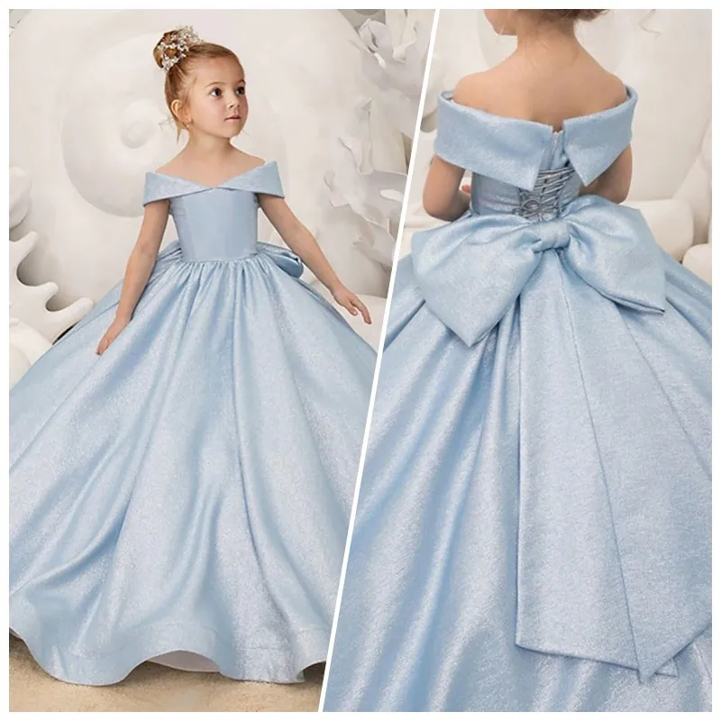 Abiti lunghi da ragazza di fiori con spalle scoperte elegante abito da ballo in raso da principessa con fiocco per bambini festa di compleanno vestito da prima comunione