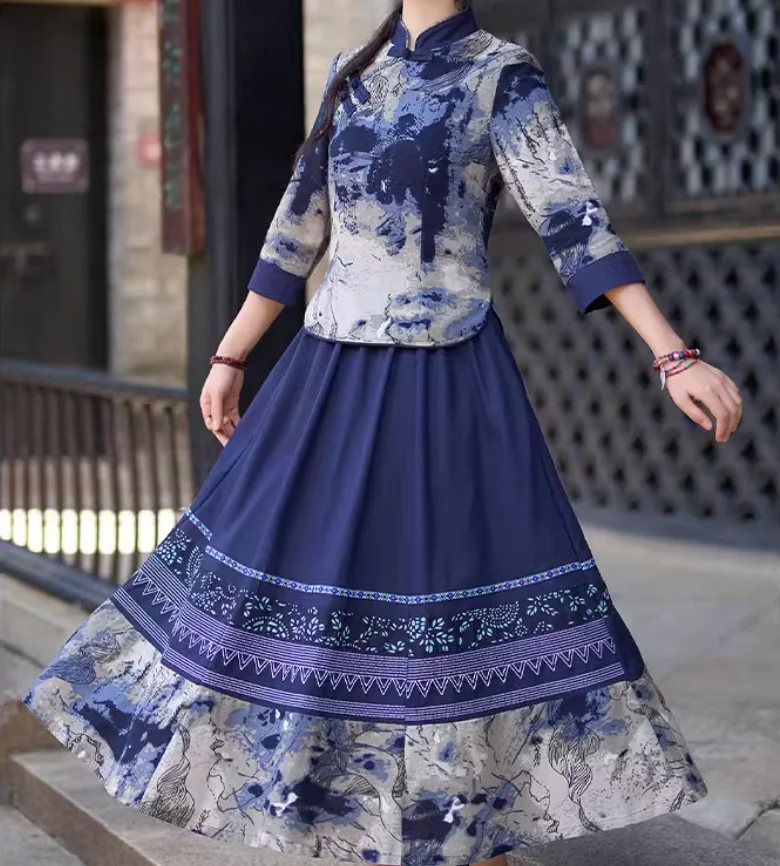 طقم بلوزة وتنورة نسائية من القطن والكتان شيونغسام من العناصر الكلاسيكية الصينية