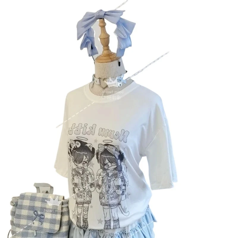 

Complete Set Y2K Sweet Cute Girls Blue White Short Sleeve Printed T-Shirt and Cake Skirt Accessories Summer Five-Piece Set