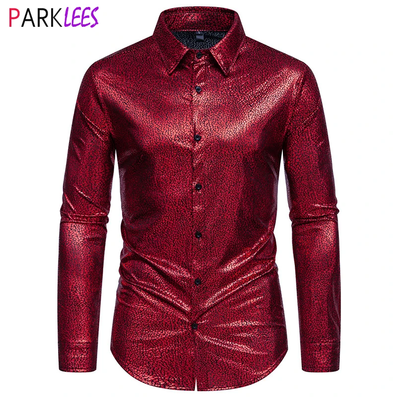 

Shiny Red Bronzing Party Shirt for Men Long Sleeve Metallic 70s Disco Party Costume Shirt Party Wedding Stage Chemise Homme 2XL