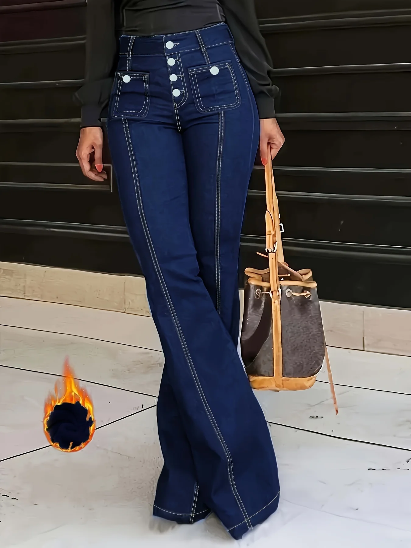 Single-breasted Plush Lined Pintuck High Rise Stretchy Flare Leg Bell Bottom Jeans, Denim Pants, Women's Denim Jeans & Clothing