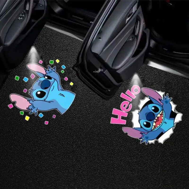 Luz de bienvenida Stitch para coche, sensor de puerta, luz inalámbrica para apertura de puerta, lámpara de suelo, proyector universal para coche, luz de ambiente.