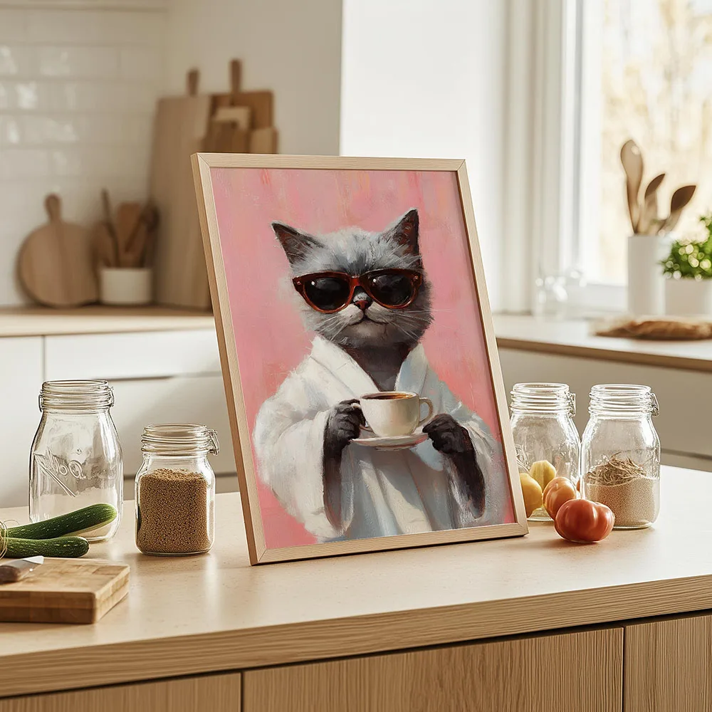 الحيوان الوردي القط شرب القهوة الملصقات قماش اللوحة طباعة القط الفن غرفة المنزل المطبخ بار مقهى غرفة جدار ديكور #4