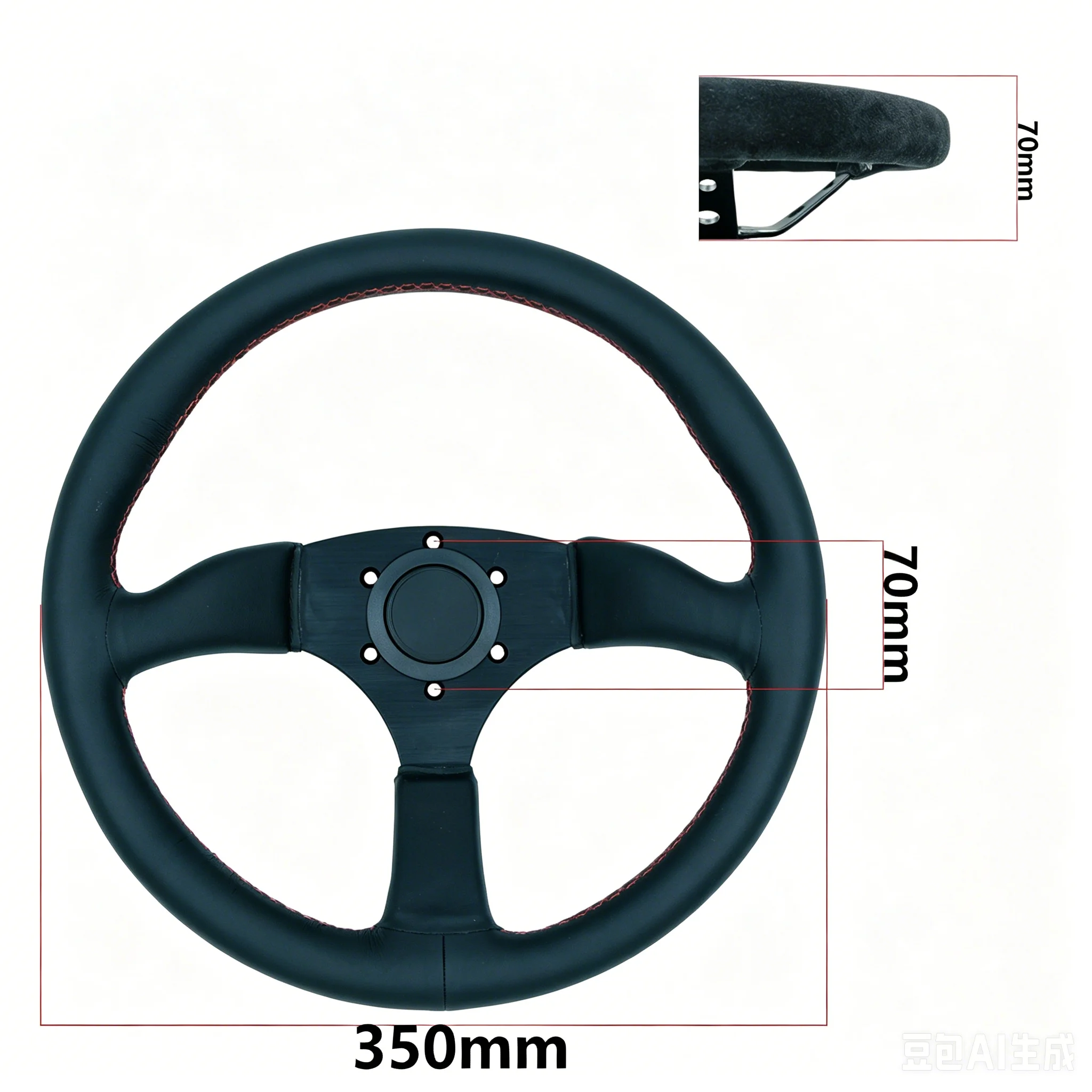 350mm Deep Dish Racing Steering Wheel Genuine Leather Red Stitching 3 Spoke 6 Bolt Universal Car Sport Sim Racing Wheel