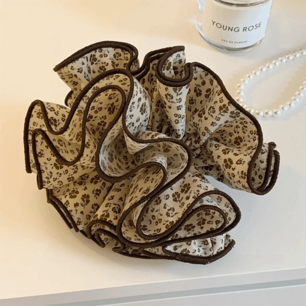Vintage Blumenmuster Große Satin-Scrunchies Elastische Chiffon-Haargummis Braune Haaraccessoires Haarbänder Stirnbänder für den Täglichen Gebrauch
