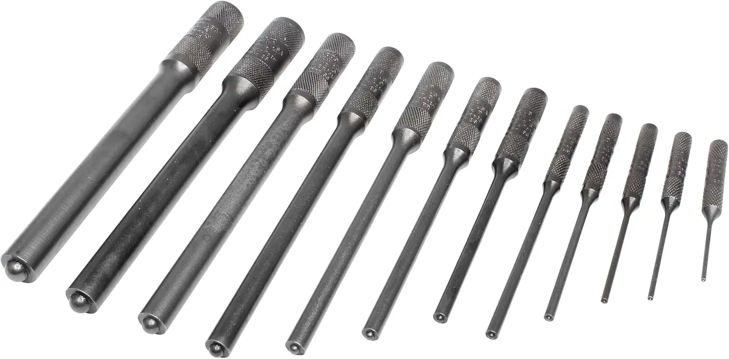 Pilot Punch Set, 12-Piece, with Kit Bag, Black Oxide Finish, Rounded End for Roll Pins
