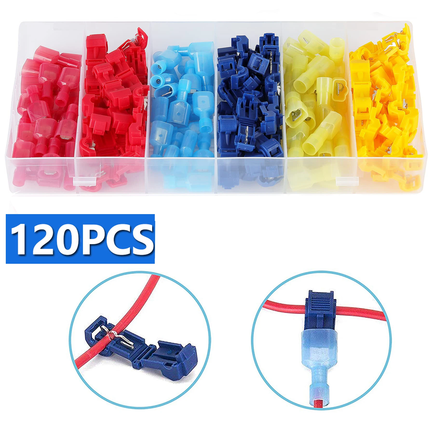 120pcs T Tap Wire Connectors Boxed/Bagged 22-10 AWG Quick Splice Wire Connectors Quick Splice Wire Terminal T-Tap Self-stripping