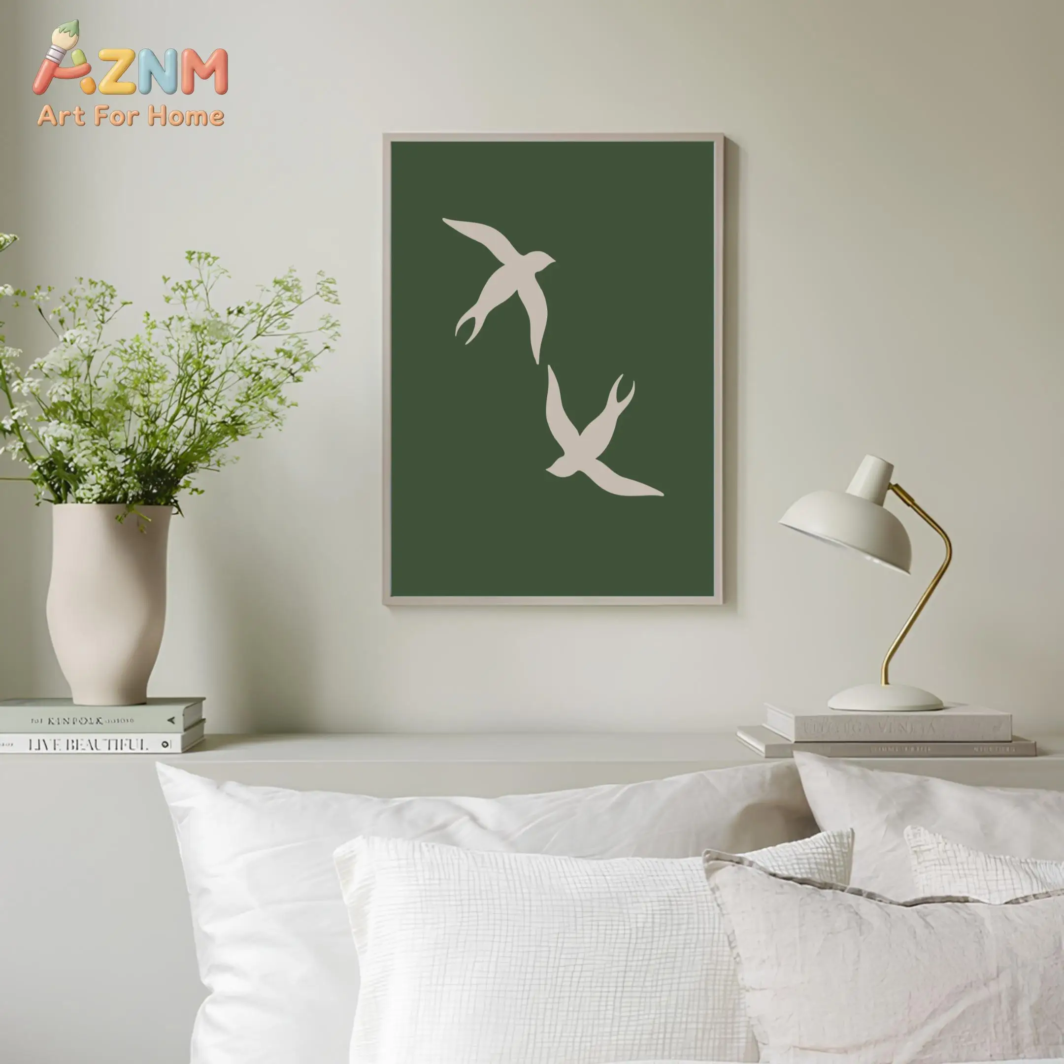 AZNM Sage Green Neutral Boho Canvas Poster Frameless Wall Art Abstract Geometric Mountain White Flower Swallow Vintage Print For
