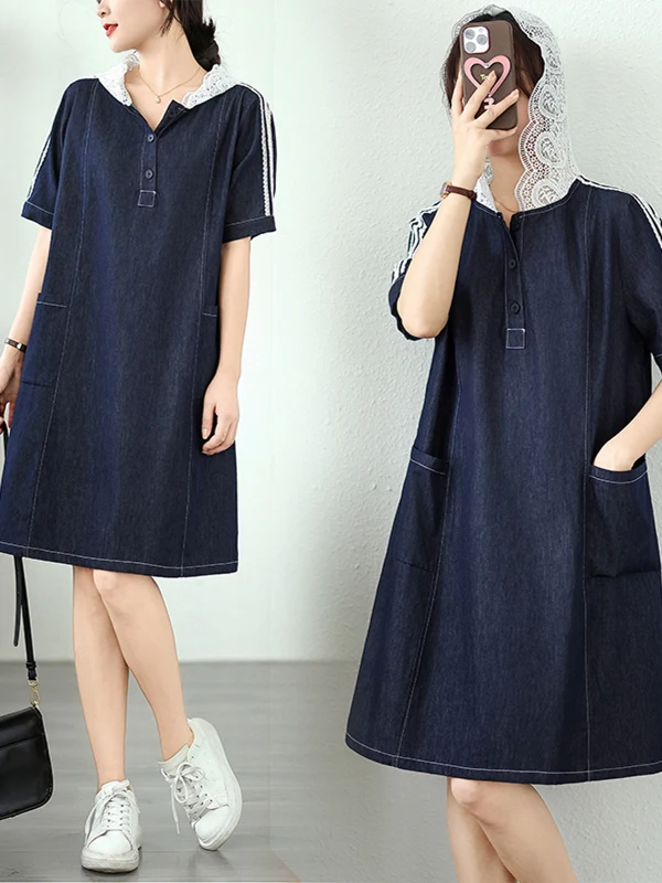 Casual Lace Trimmed Denim Dr Women's Summer Loose plus Size ort Sve Midi Skirt with Hood A-Line Silhouette