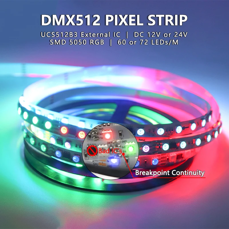 LED Full Color Flex Pixel Light Strip SMD 5050 RGB External IC UCS512B3 Breakpoint Continuity DC 12V 24V 30 60 LEDs/M 5m DMX512