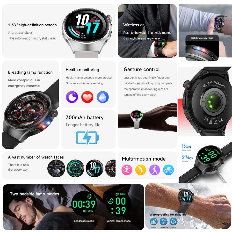 New Watch 5 Smart Watch GPS NFC Smart Watch Men 1.53 " AMOLED Always Display SOS IP68 BT Call Sports Smartwatch 2025 For Huawei