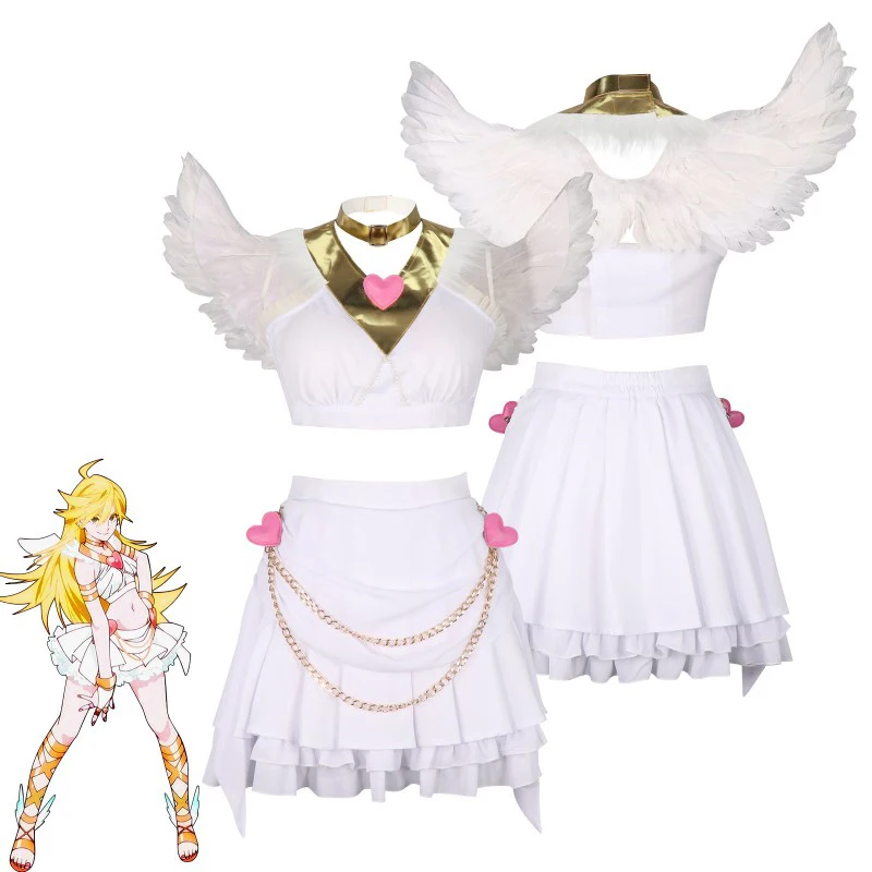 

Panty & Stocking With Garterbel Panty Anarchy Cosplay Costume Women's White Angel Wings Short Skirt Set Halloween Anime Costume