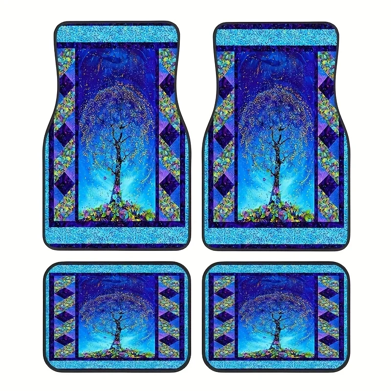 

4 Stück, Blaue Quadratische Lebensbaum-Stil Auto-Gummimatten, Universelle Rutschfeste Teppiche, Leicht Zu Reinigende Innenraumzu