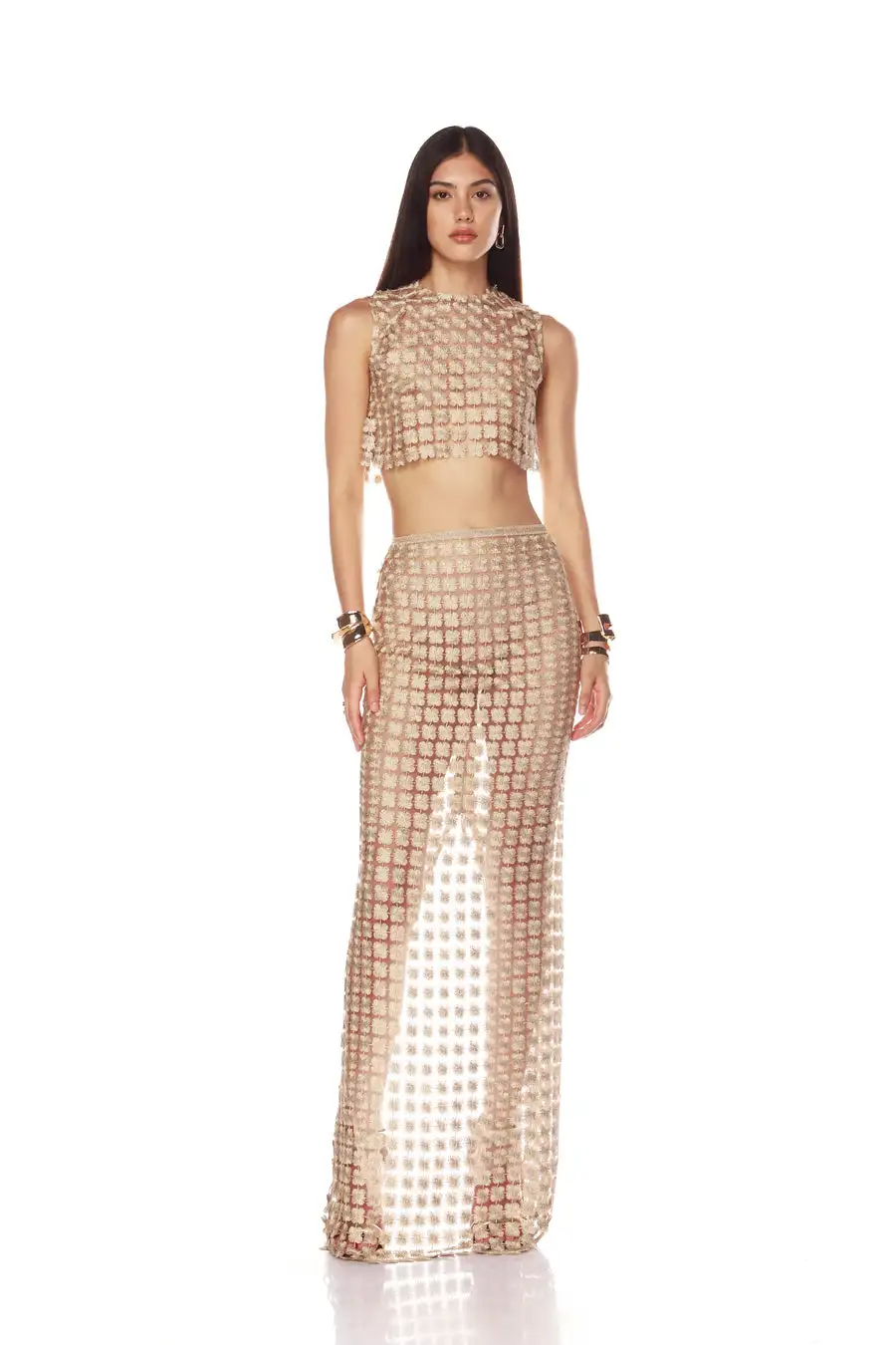 

Women Luxury Crochet See Through Outfits Sleveveless Crop Top And Long Skirt 2 Pieces Sets Evening Club Party Special Occassion