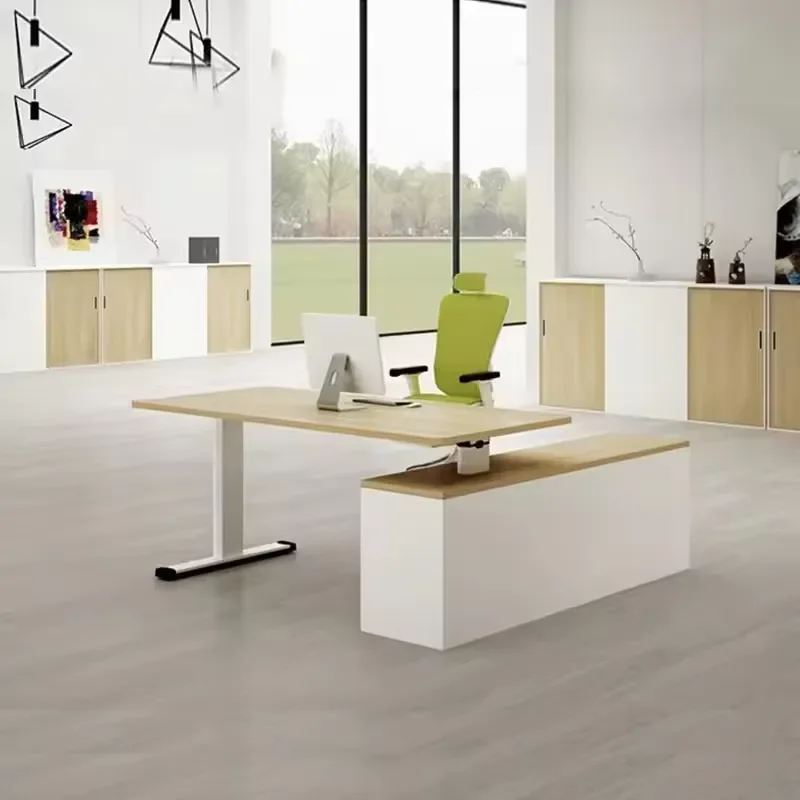 Wooden Commercial Office Furniture, Modern Modular L-Shaped Height-Adjustable Executive Desk, Premium Corner Table