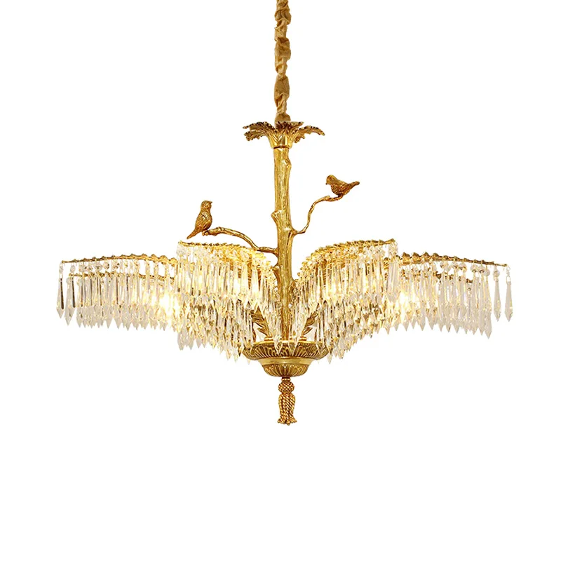 

French Gold - Toned Brass Chandelier With Bird Decoration, Crystal Pendant Light For Living Room And European Art Restaurant